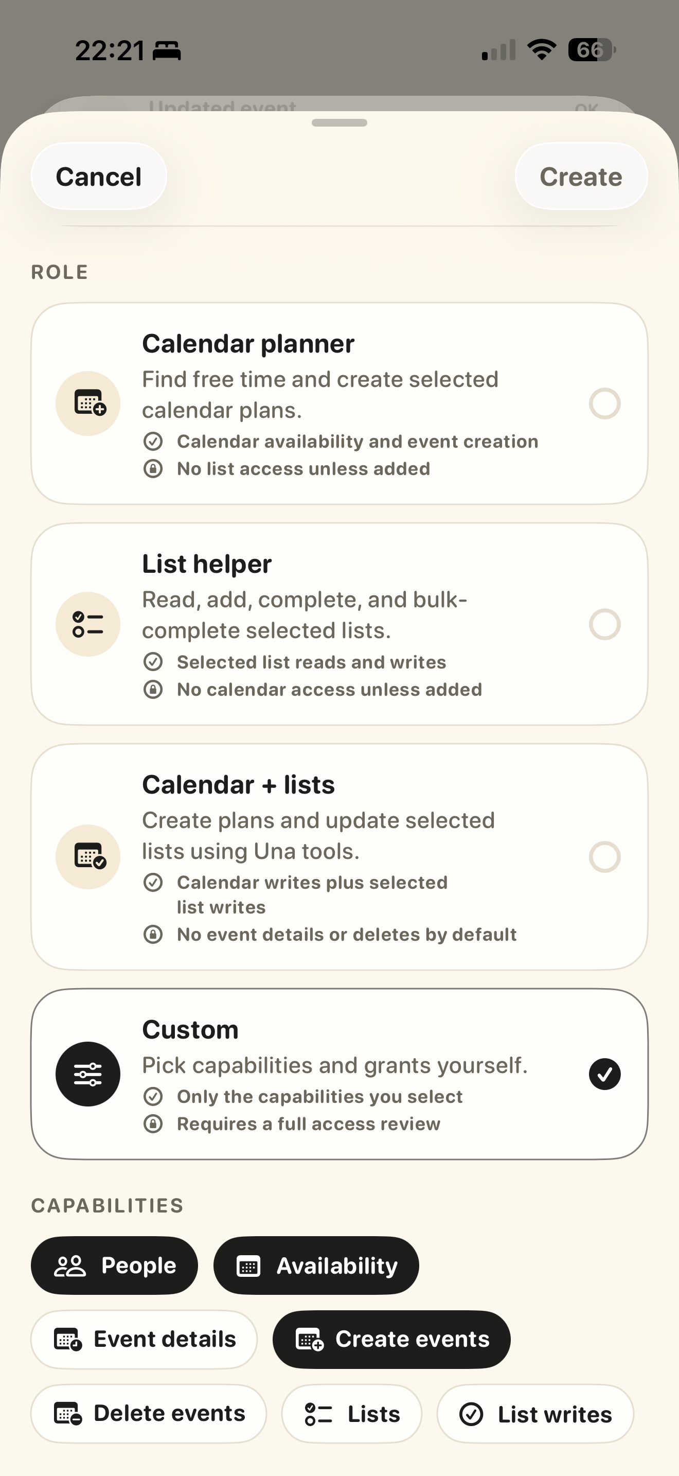 Una's assistant setup screen lets an adult choose a role, then select the exact people, calendar, event, and list capabilities the connection receives
